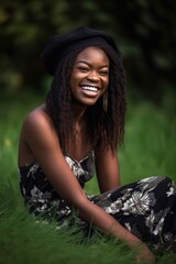 a young ethnic woman smiling while sitting on grass