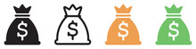 Money Bag Icon Set. Dollar Money With Sack. Symbols Money Bag Or Stash, Coin Sack Sign, Business, Banking, Vector.