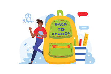 Wall Mural - back to school concept with people scene in the flat cartoon style. the student collects the station