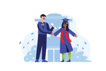 Wall Mural - graduate concept with people scene in the flat cartoon style. the professor congratulates his studen