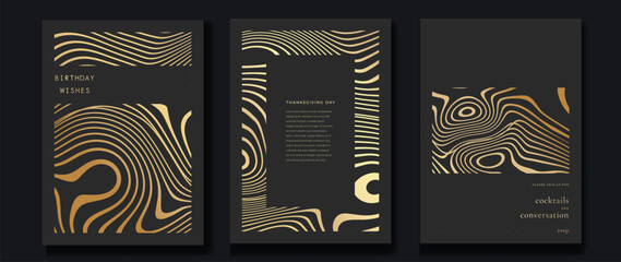Wall Mural - Luxury gala invitation card background vector. Golden elegant wavy gold line pattern on black background. Premium design illustration for wedding and vip cover template, grand opening.