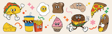 Set Of 70s Groovy Element Food And Dessert Concept Vector. Collection Of Cartoon Character, Doodle Smile Face, Tacos, Croissant, Sausage Bread. Cute Retro Groovy Hippie Design For Decorative, Sticker.