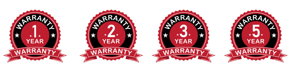 Wall Mural - Set of warranty label sticker red and black color. 1, 2, 3, 5 years warranty label or seal flat icon set in red and black color vector illustration.