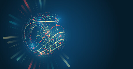 Abstract stream information with circles array and binary code. Information analytics concept. Filtering machine algorithms. Sorting data. Vector technology background. Big data visualization.