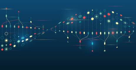 Fototapete - Data analytics concept. Sorting a large amount of data on a dark background. Big data visualization. Futuristic network or business analytics. Structuring the flow of information.