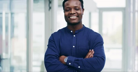 Wall Mural - Face, business and black man with arms crossed, smile or consultant with confidence, happy or startup. Portrait, African person or entrepreneur with career, professional or employee in a workplace