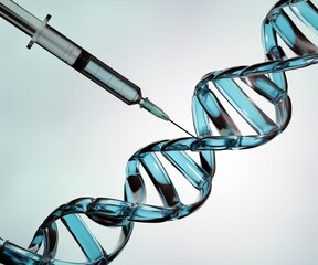 Medical syringe with blue glass DNA helix 3d rendering