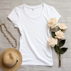 Wall Mural - plain white tshirt for mock up laid out on floor summer elements