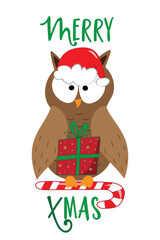 Wall Mural - Merry Xmas - funny owl in santa hat, and with Christmas present and candy cane. Good for greeting card, T shirt print, poster, label, and other decoration.