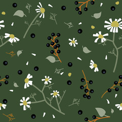 Wall Mural - Vector seamless pattern with branches of bird cherry and daisies