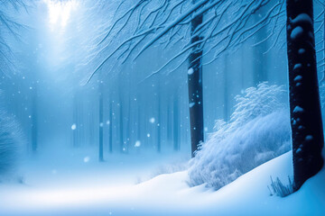 Wall Mural - Beautiful winter Christmas snowy forest landscape with snowdrifts and trees in hoarfrost. Created by AI.