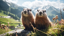 Two Cute Brown Marmots In The Alps.