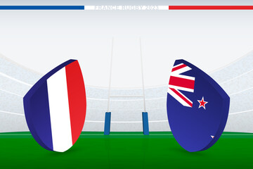 Wall Mural - Match between France and New Zealand, illustration of rugby flag icon on rugby stadium.