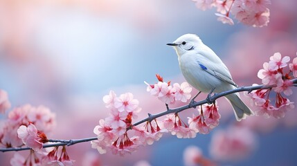 cute small white bird on pink cherry flower branch with copy space, generative ai