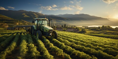 Wall Mural - AI Generated. AI Generative. Tractor combine machine on field meadow harvest farming countryside nature outdoor. Can be used for farm rural life promotion