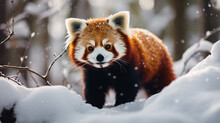 Red Panda Walking In The Snowy Forest