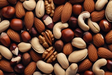 Mix of different types of nuts, healthy food concept. Generative Ai.