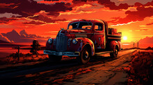Red Truck At Sunset