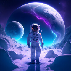 astronaut walking on a fremd planet in cosmic chill, astronaut, cold planet, eternal lights, blue, v