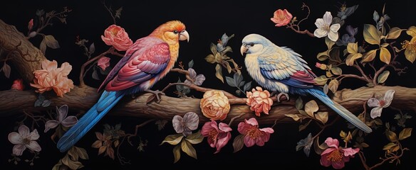 paper art style illustration of two parrot birds on tree branch with dark background, Generative Ai