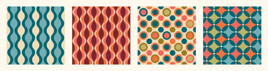 Set of Aesthetic mid century printable seamless pattern with retro design. Decorative 50`s, 60's, 70's style Vintage modern background in minimalist mid century style for fabric, wallpaper