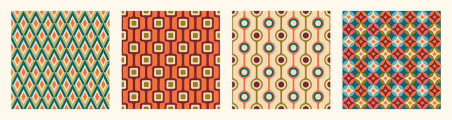 Set of Aesthetic mid century printable seamless pattern with retro design. Decorative 50`s, 60's, 70's style Vintage modern background in minimalist mid century style for fabric, wallpaper