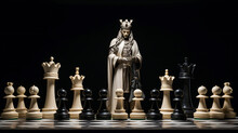 Standing White Chess Pieces And Lying Black King On Black Background