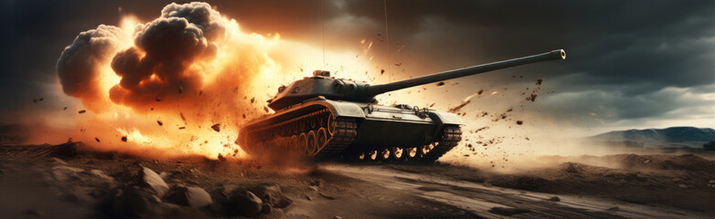 Canvas Print - Desert combat with a battle tank that supports the army on the advance for tactical war.