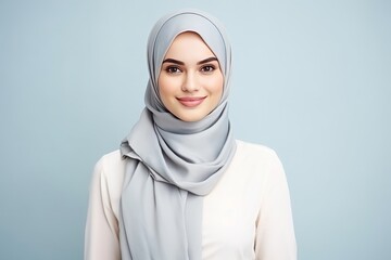 Portrait of smiling beautiful muslim business woman, light blue background.