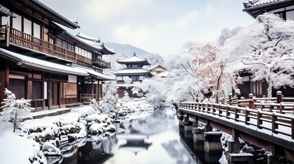 Ancient Ginzan onsen village in winter, travel landmark in Japan