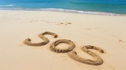 Inscription in sand that says SOS