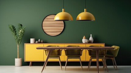 Sticker - Cozy House, wooden table and yellow chairs against green wall of modern dining room.