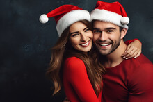 Hugging Happy Young Couple In Santa Hats And Red Sweaters Celebrating Christmas, Close Up, Al Generated