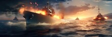 Military Naval At Sea, War Boats Being Destroyers With Military Explosions For Tactical War.