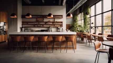 modern cafe with bar and chairs with concrete walls and light from windows.