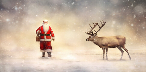 Wall Mural - claus snow greeting christmas santa reindeer vintage sleigh card illustration. Generative AI.