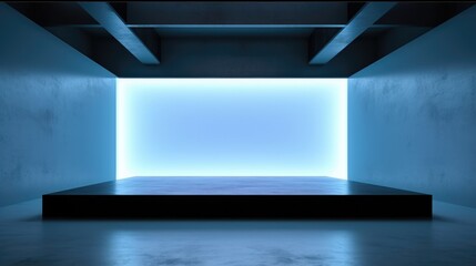 Perspective view of blank blue digital screen wall with square stand background.