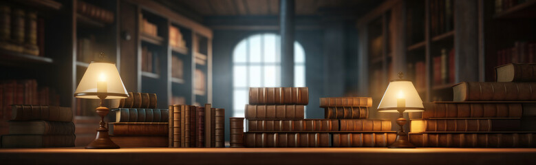 Wall Mural - Stack of antique books on old wooden table at old vintage library.