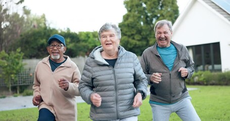 Sticker - Running, wellness or senior men in fitness training together for health or exercise in retirement. Support, fun old friends or happy elderly people in park to move body in cardio workout or challenge