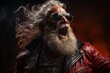© AI_images - Waist up portrait of cool rock Santa roaring over red background with snow falling.