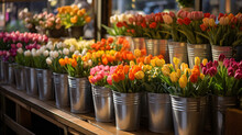Tulip Market Stall Flower Bouquets In Metal Buckets