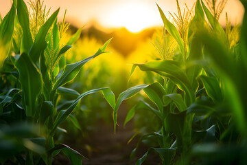 Corn cobs in corn plantation field at sunrise background with copy space for text. Environment nature concept.