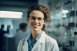 © Ricky - portrait of female brunette pharmacist smiling wearing white coat in chemist shop