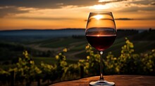 Red Wine Glass With View Of Vineyard. Glass Of Red Wine Against Sunset Sunset. AI Generative.