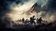 Soldiers on the battlefield in world war II with US flag. AI generative.