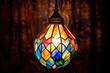 lightbulb inside a colorful stained glass lampshade