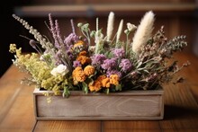 Dried Flower Centerpiece In A Rustic Wooden Box
