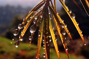 Poster - sunlight reflecting on dracaena tree sap droplets