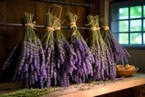 Fototapeta Lawenda - lavender sprigs spread on a wire rack, drying naturally