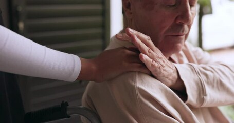 Canvas Print - Old man in wheelchair, caregiver or holding hands for healthcare support at nursing home. Closeup, results or nurse with senior patient or elderly person with a disability for care, kindness or hope